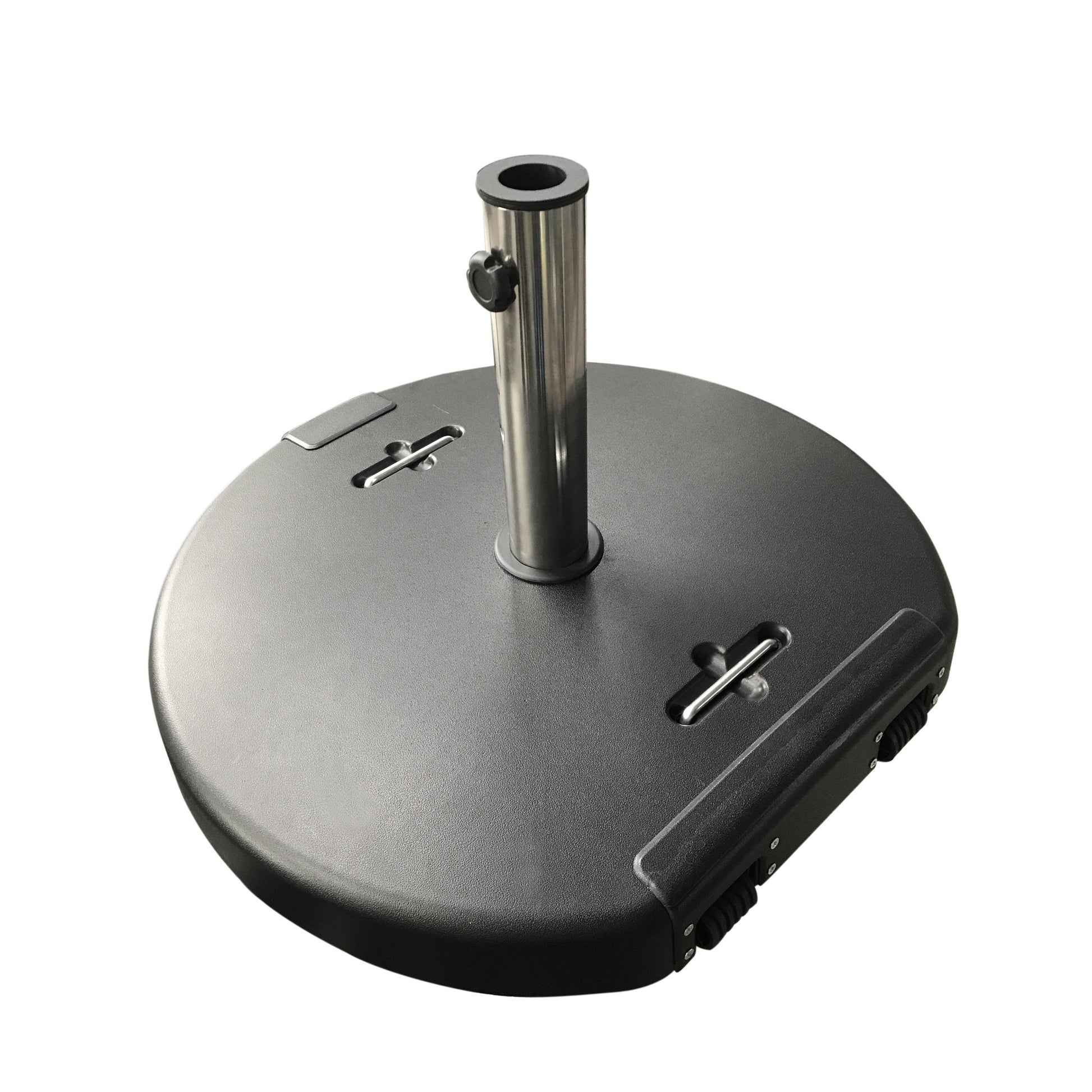 Black patio umbrella base with wheels for easy transport and stable outdoor support