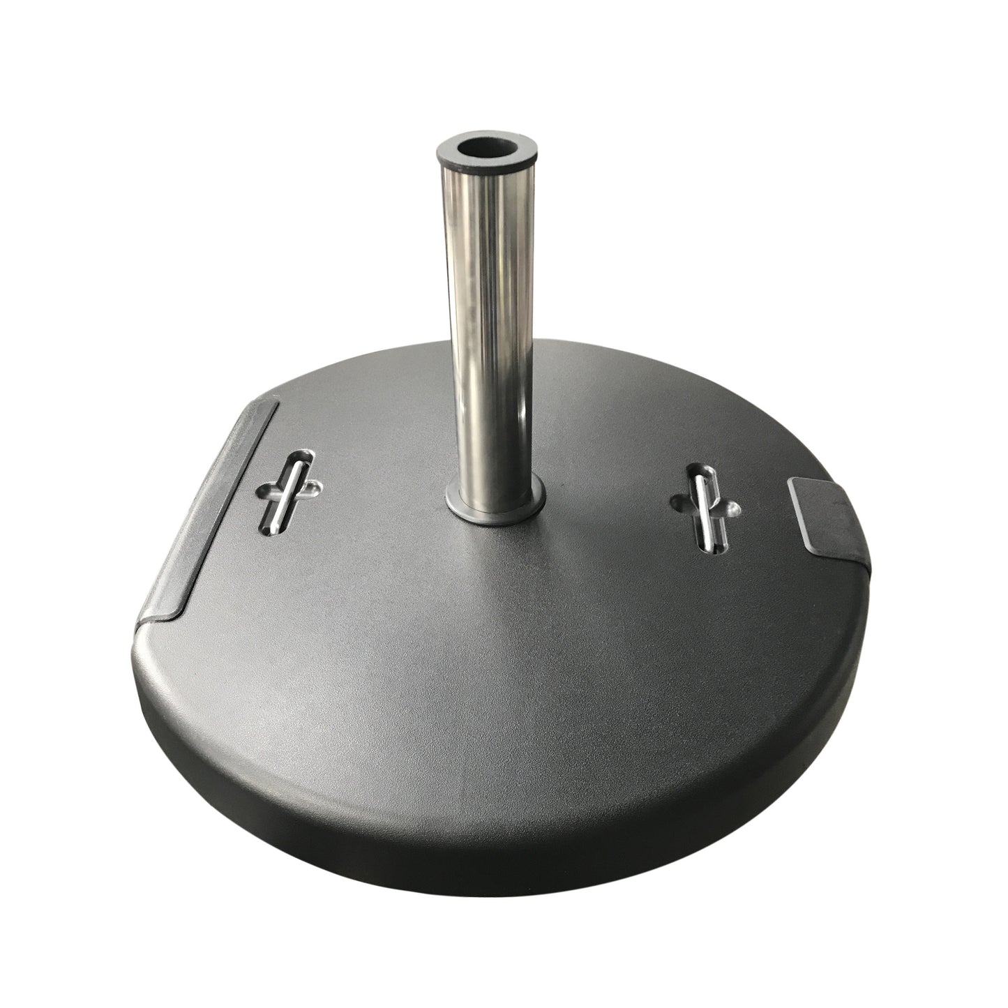 Dark gray textured umbrella stand base with a brushed metal pole and anchor points