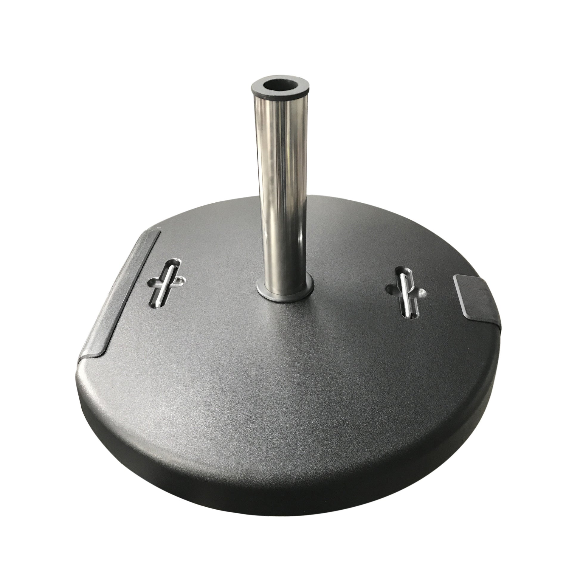 Dark gray textured umbrella stand base with a brushed metal pole and anchor points