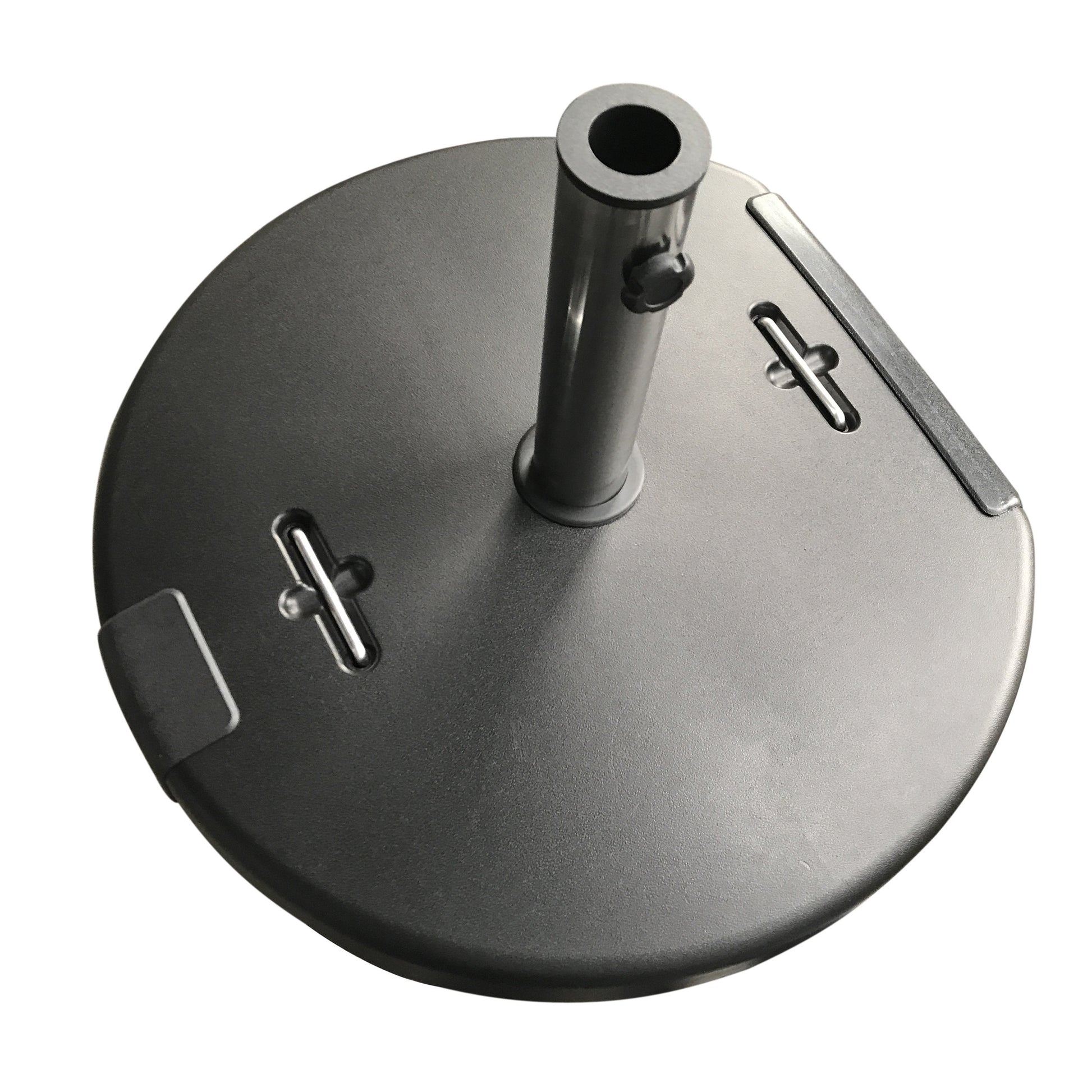 Gray metal microphone stand base with a central tube and adjustable knobs