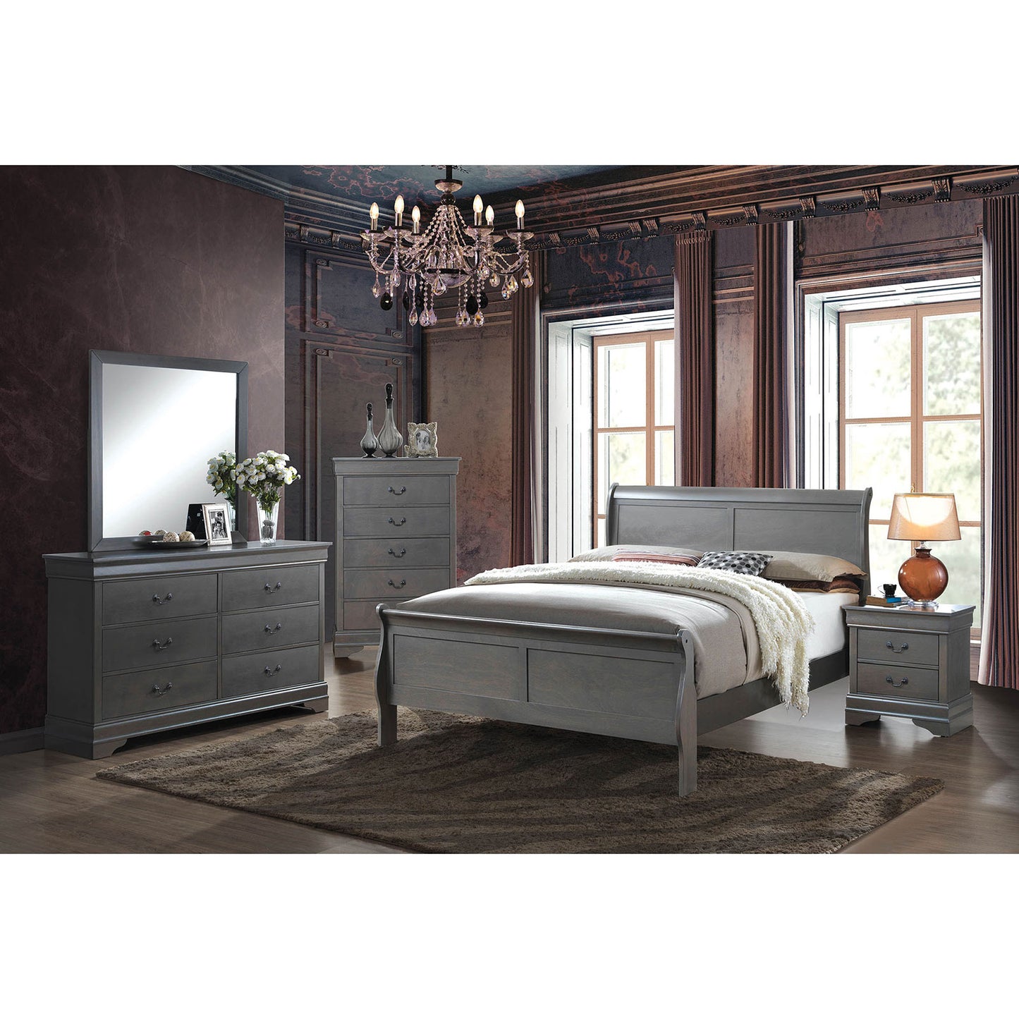 Gray sleigh bed set with dresser and chest of drawers