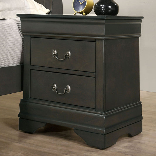 Dark gray wooden nightstand with two drawers and ornate pulls