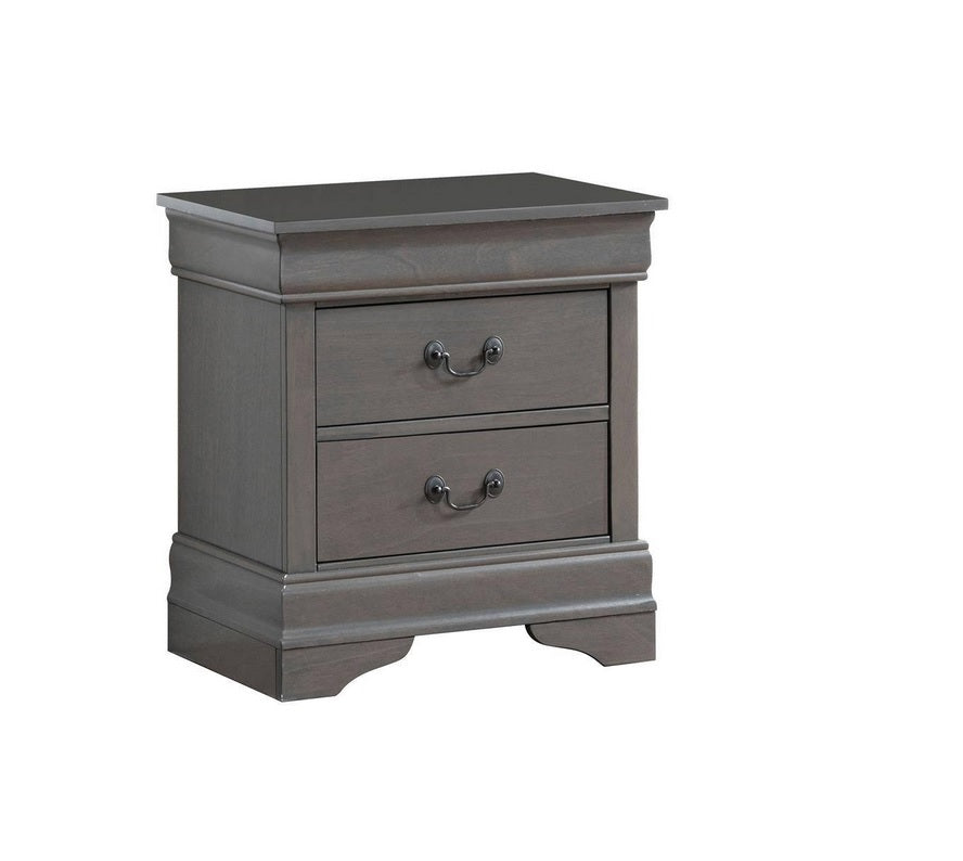 Gray wooden twodrawer nightstand with ornate drawer pulls
