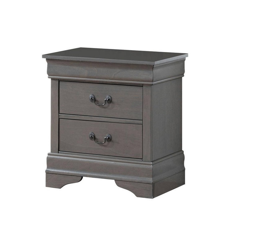 Gray wooden nightstand with two drawers and antique bronze pull handles