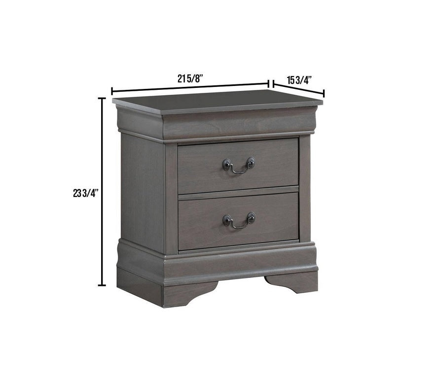 Gray wooden nightstand with two drawers and ornate pull handles