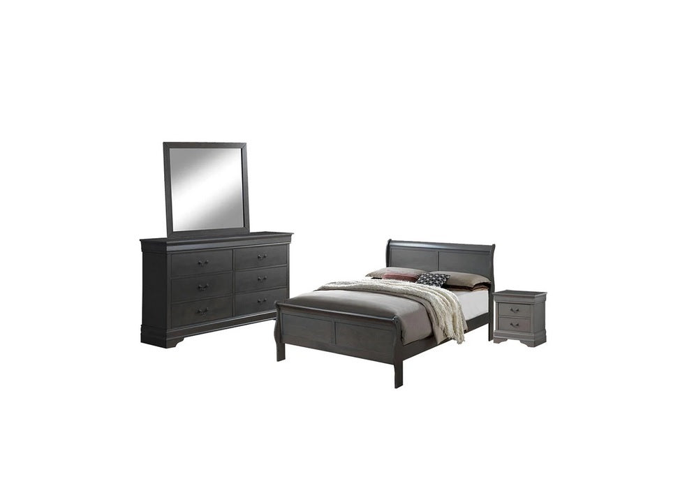 Dark gray sleigh bed with mirrored dresser and nightstand