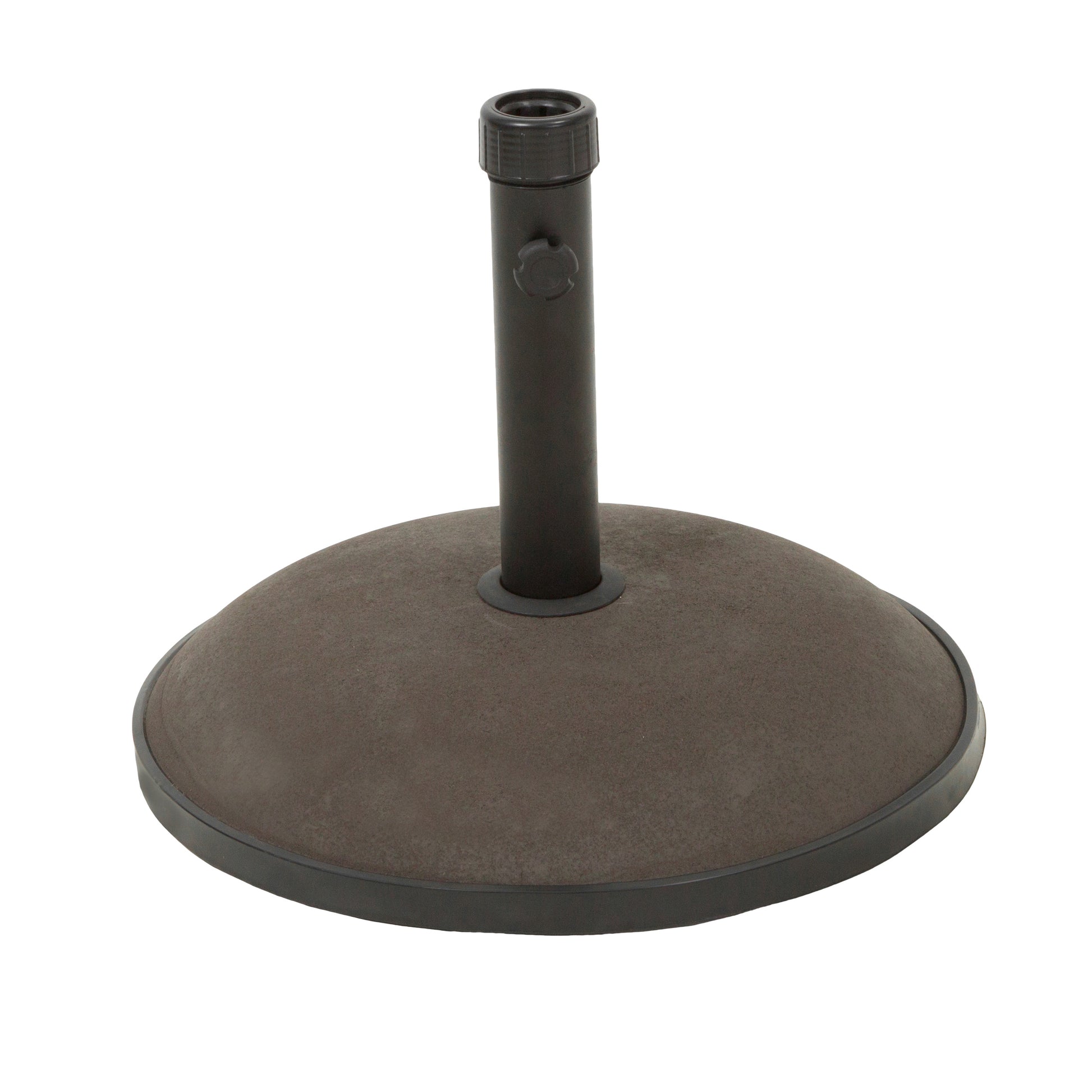 Dark brown patio umbrella base with a black pole and adjustable collar