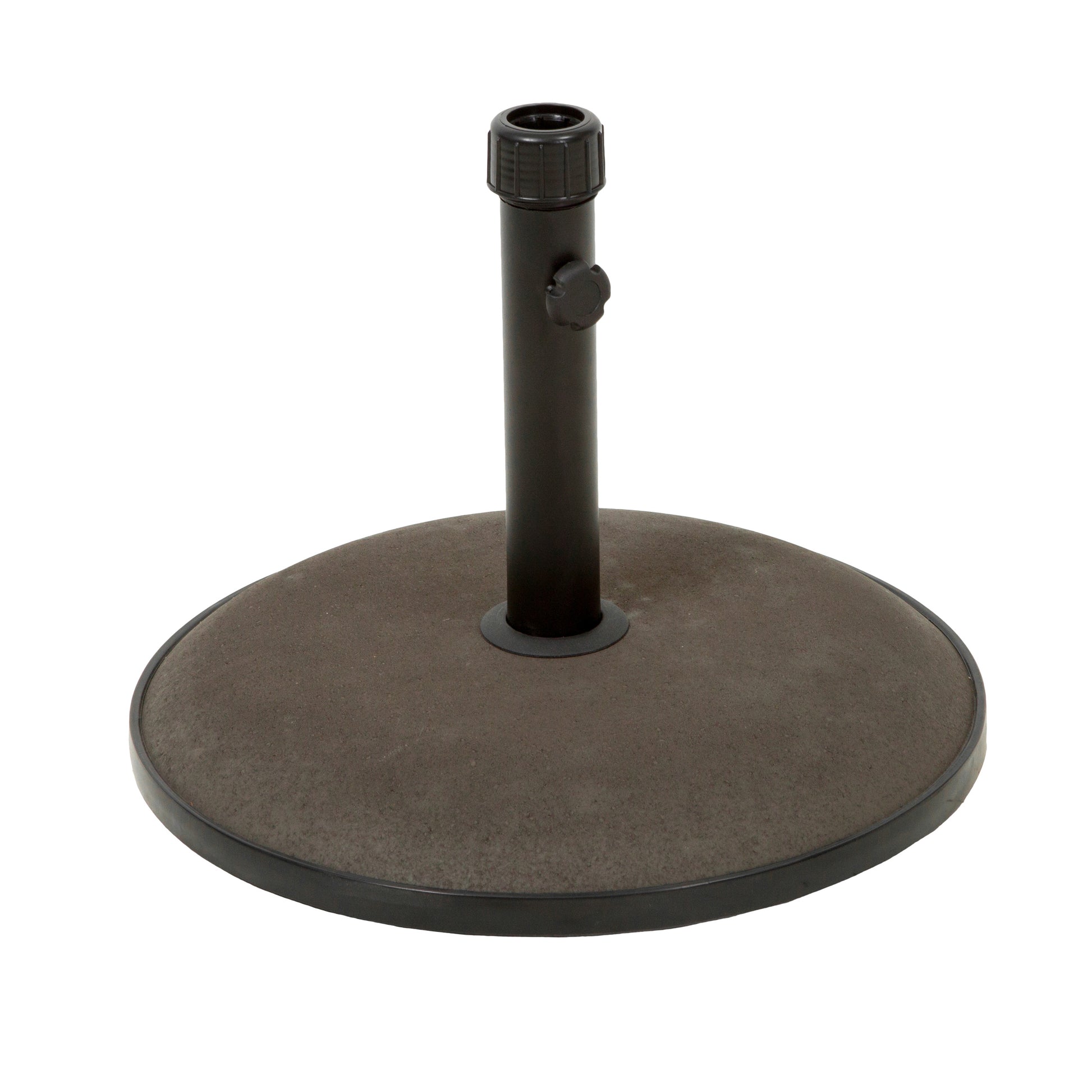 Round grey patio umbrella base with a black pole and adjustable knob