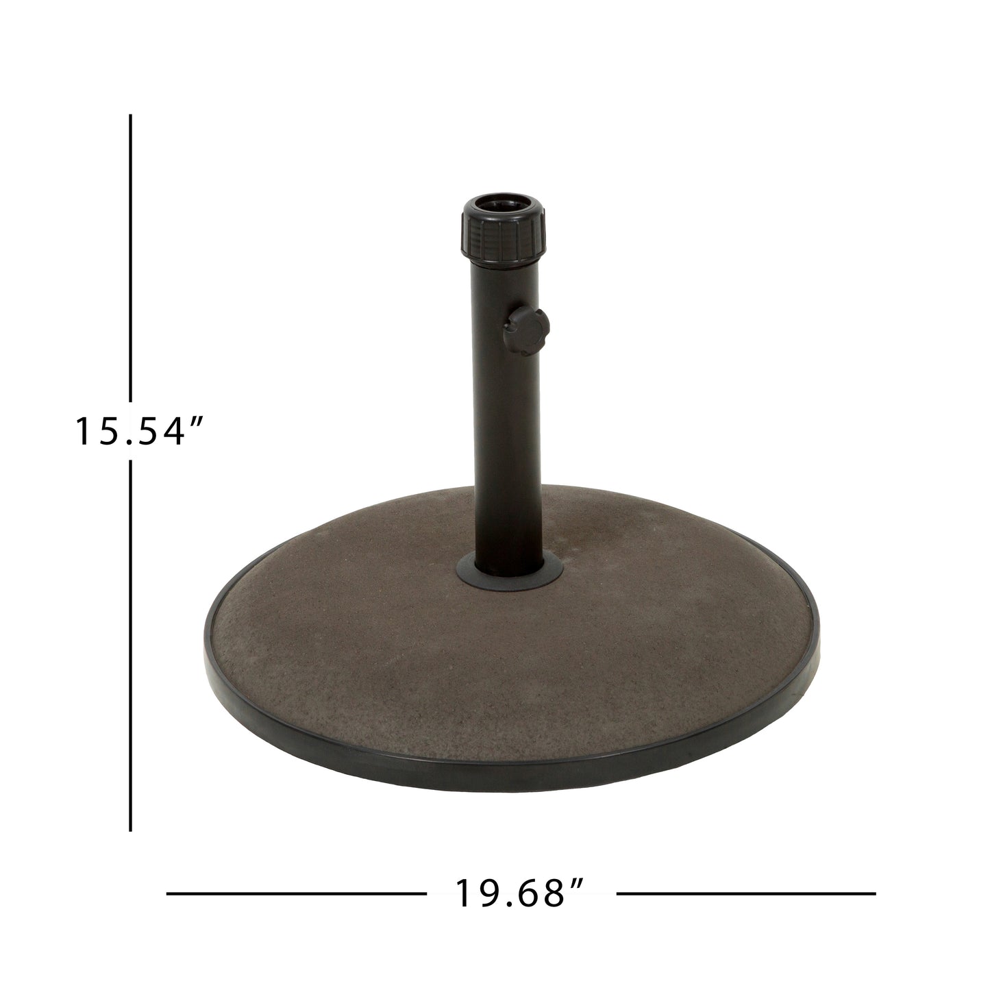 Dark grey concrete patio umbrella stand with black metal pole and knob