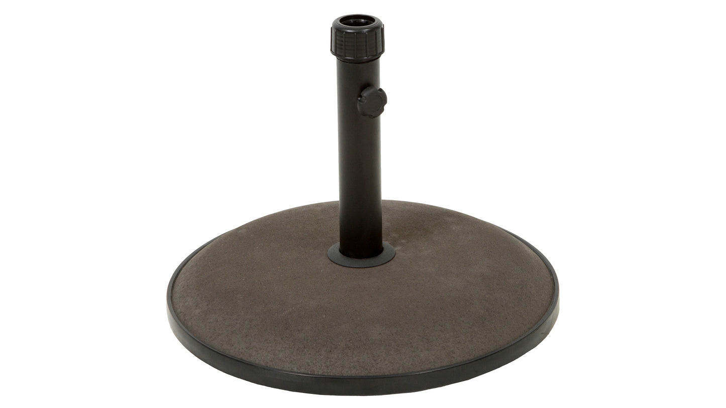 Dark grey circular umbrella base with a black metal pole for outdoor patios