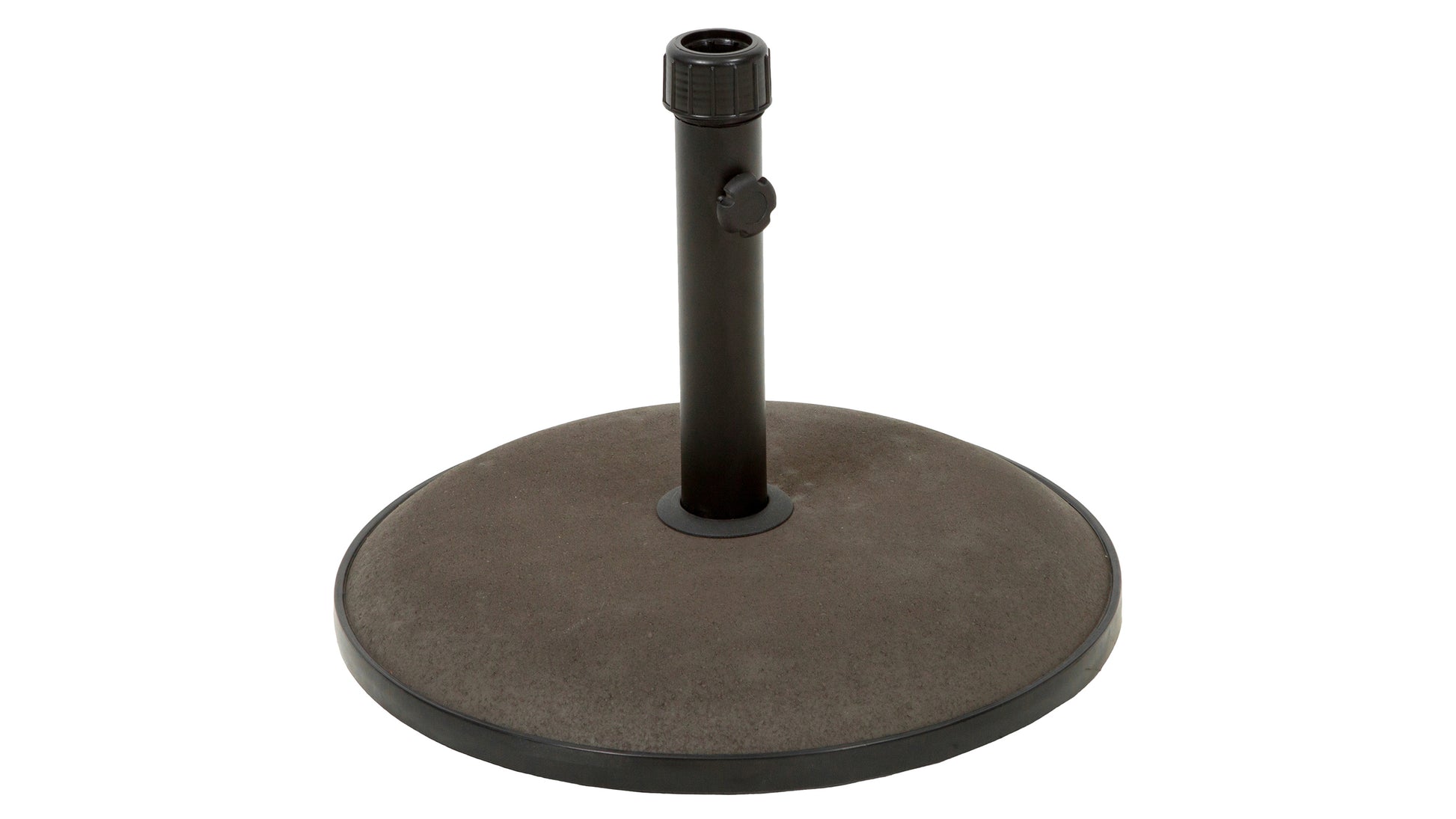 Dark grey circular umbrella base with a black metal pole for outdoor patios