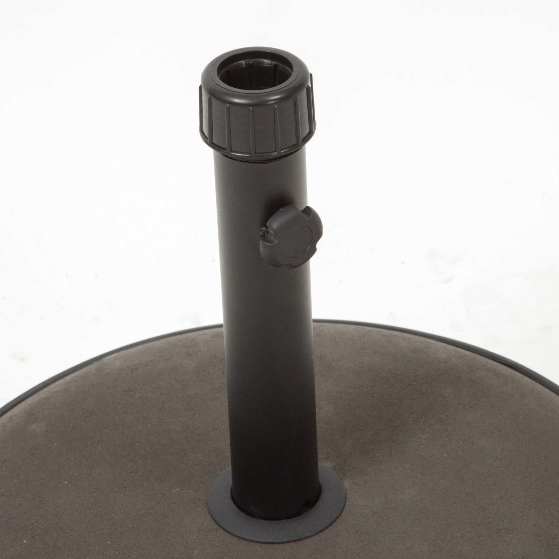 Black patio umbrella base pole with adjustable knob for stability