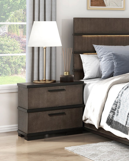 Dark wood grain nightstand with two drawers and black hardware