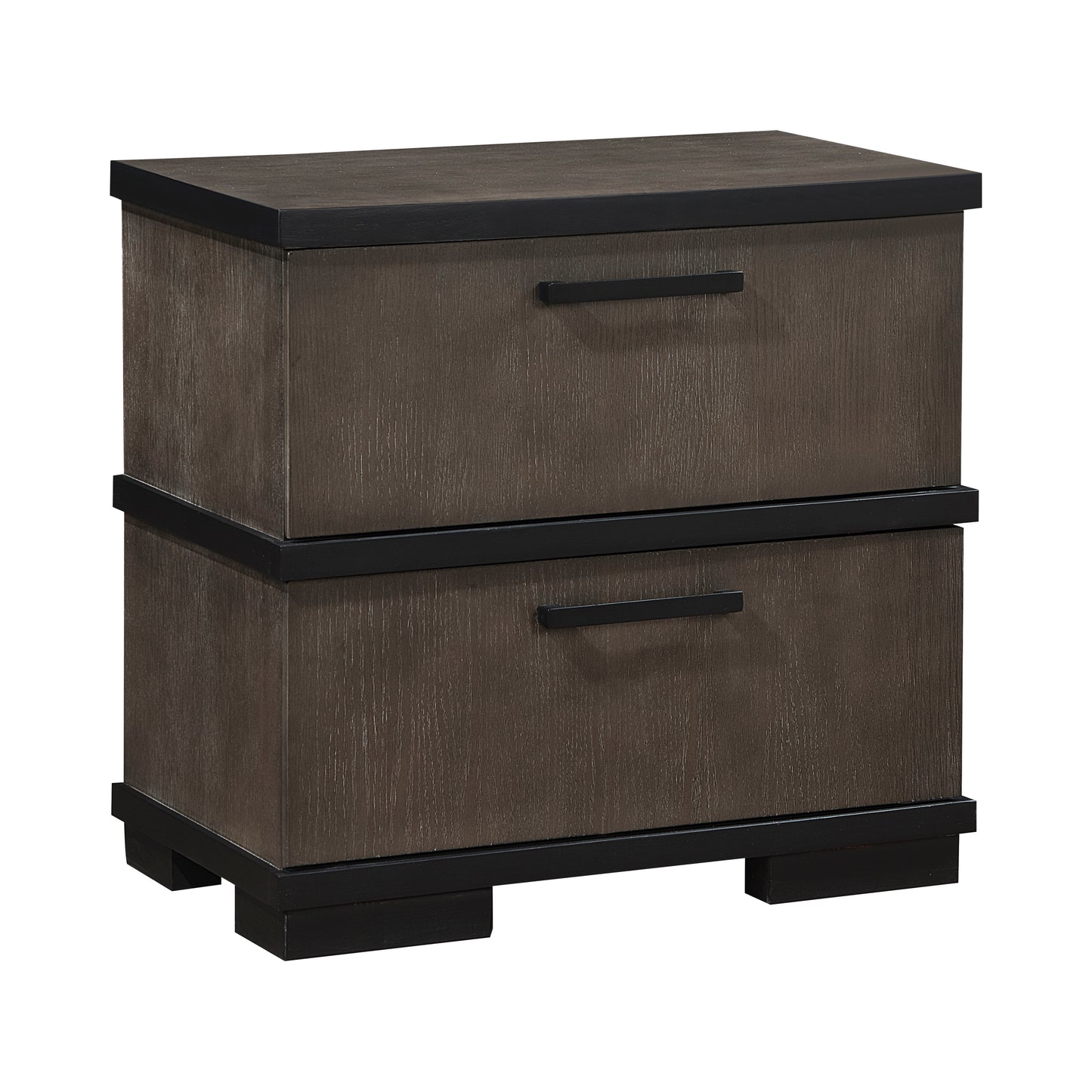 Modern twodrawer nightstand with dark wood finish and black metal accents