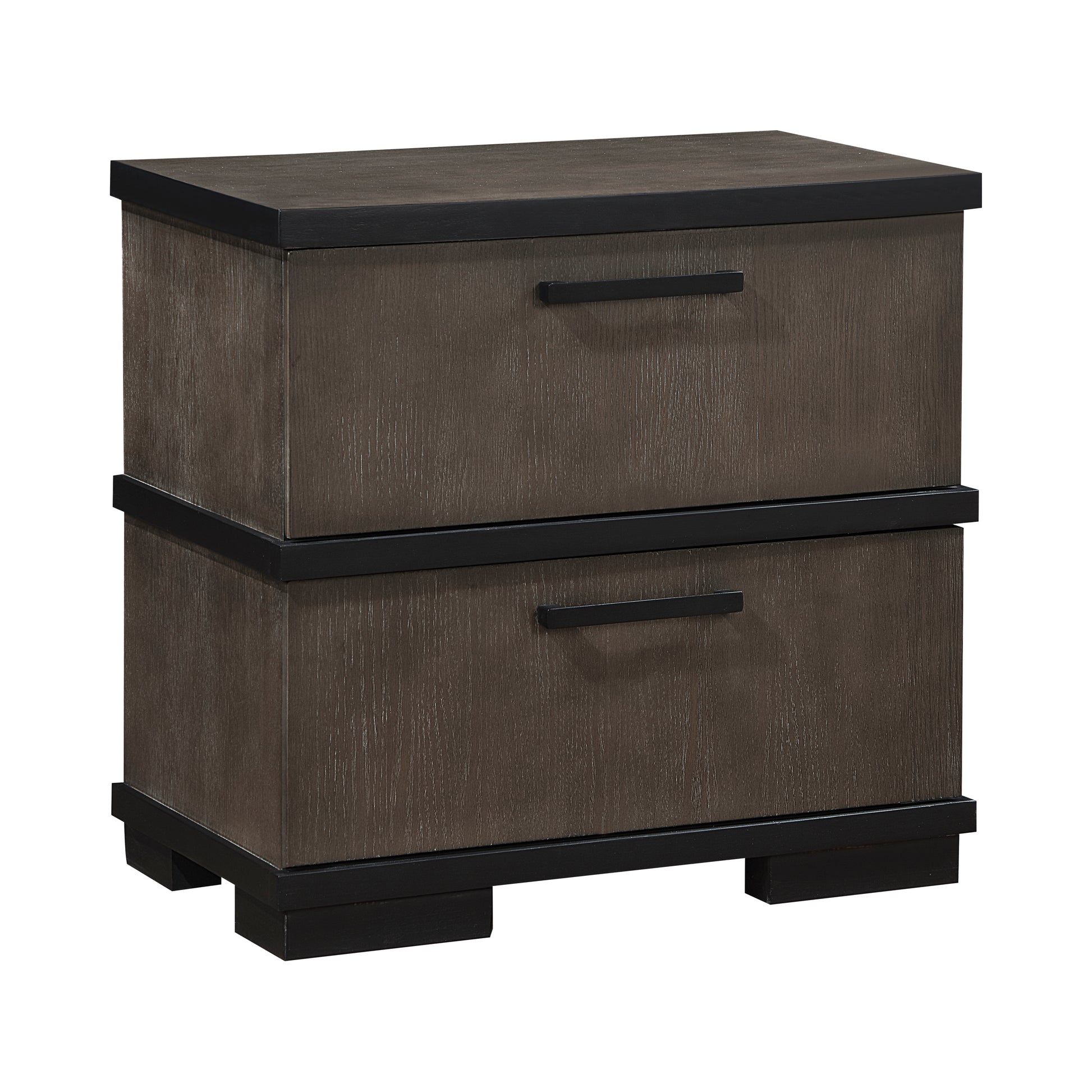 Modern twodrawer nightstand with dark wood finish and black metal accents