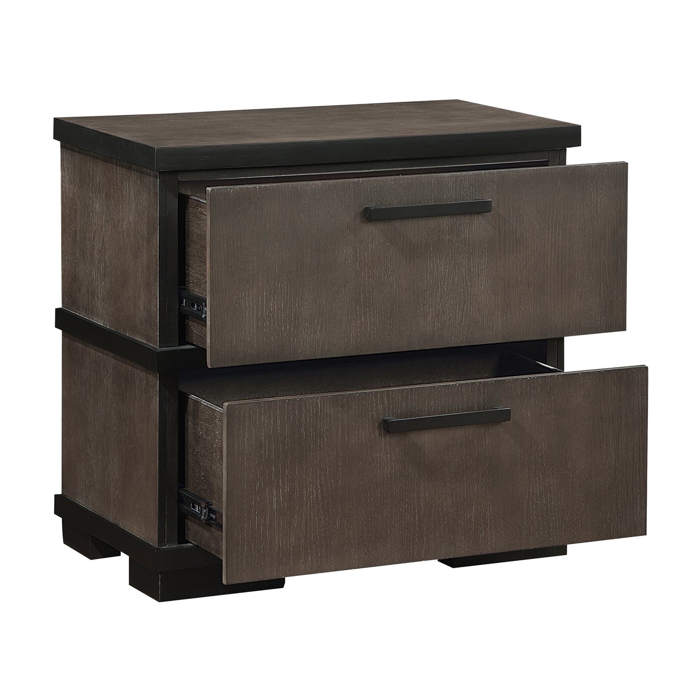Twodrawer dark wood nightstand with brushed nickel handles and black base