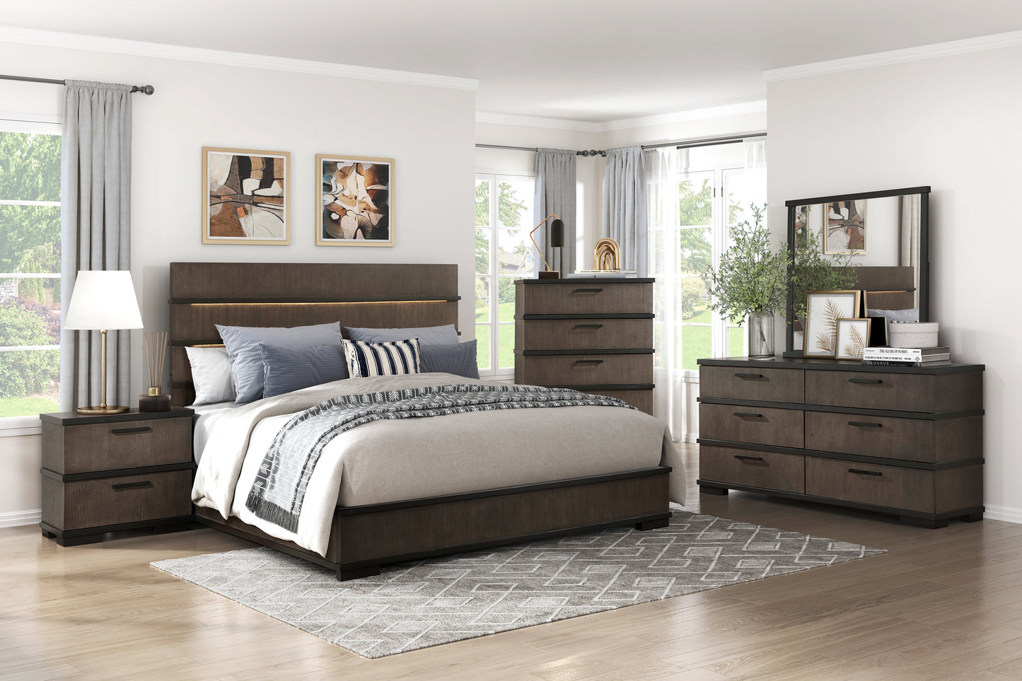 Dark wood king bed frame with integrated headboard lighting and neutral bedding