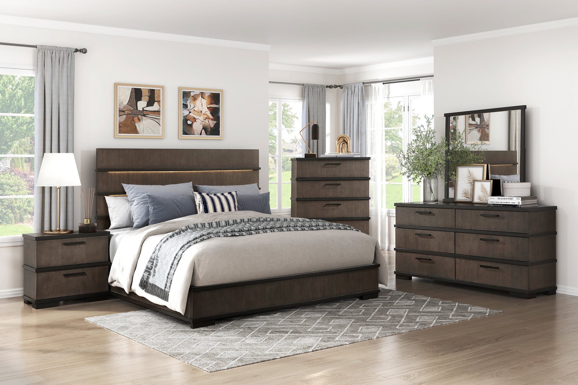 Dark wood king bed frame with integrated headboard lighting and neutral bedding