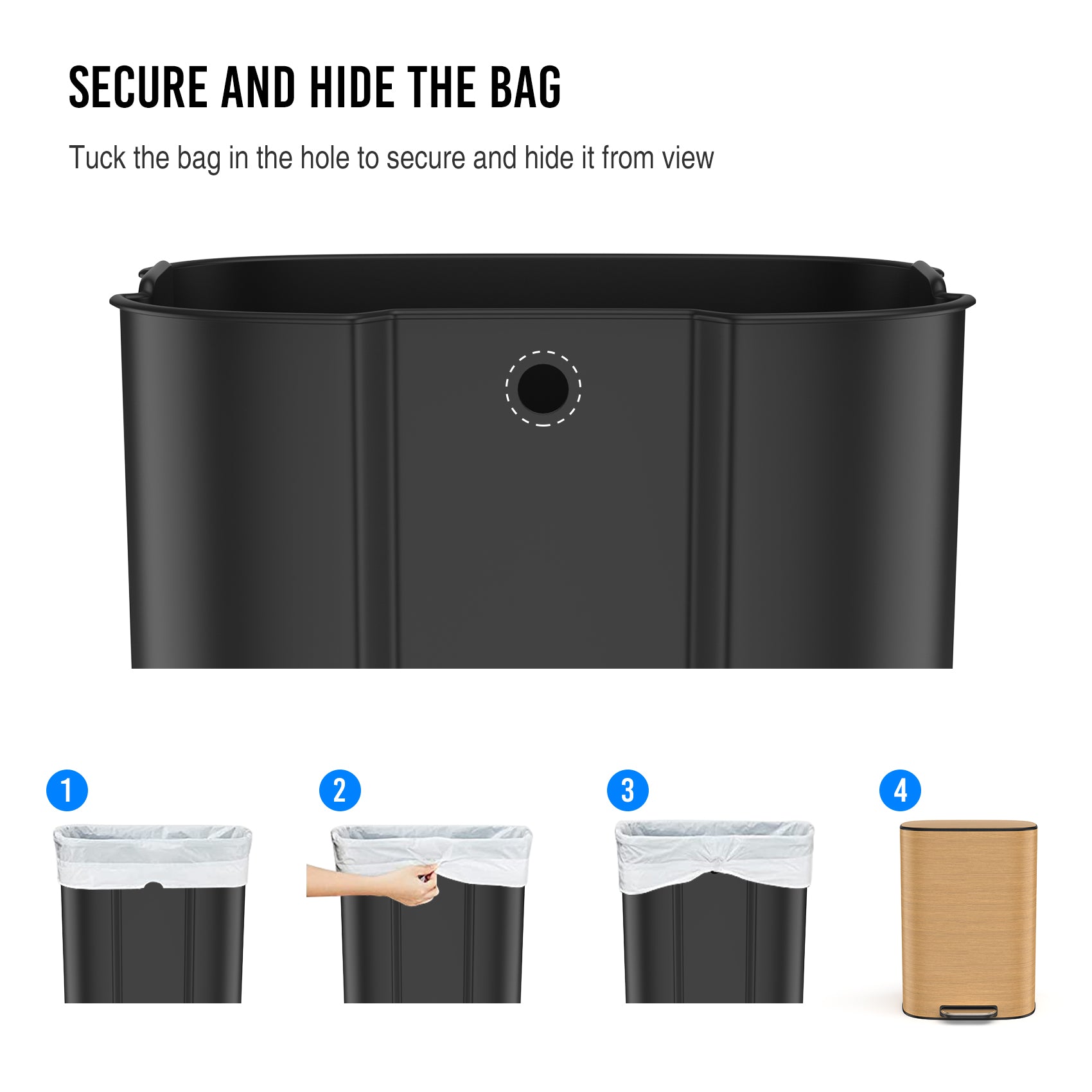 Black step trash can with a hidden bag feature and builtin bag securement system