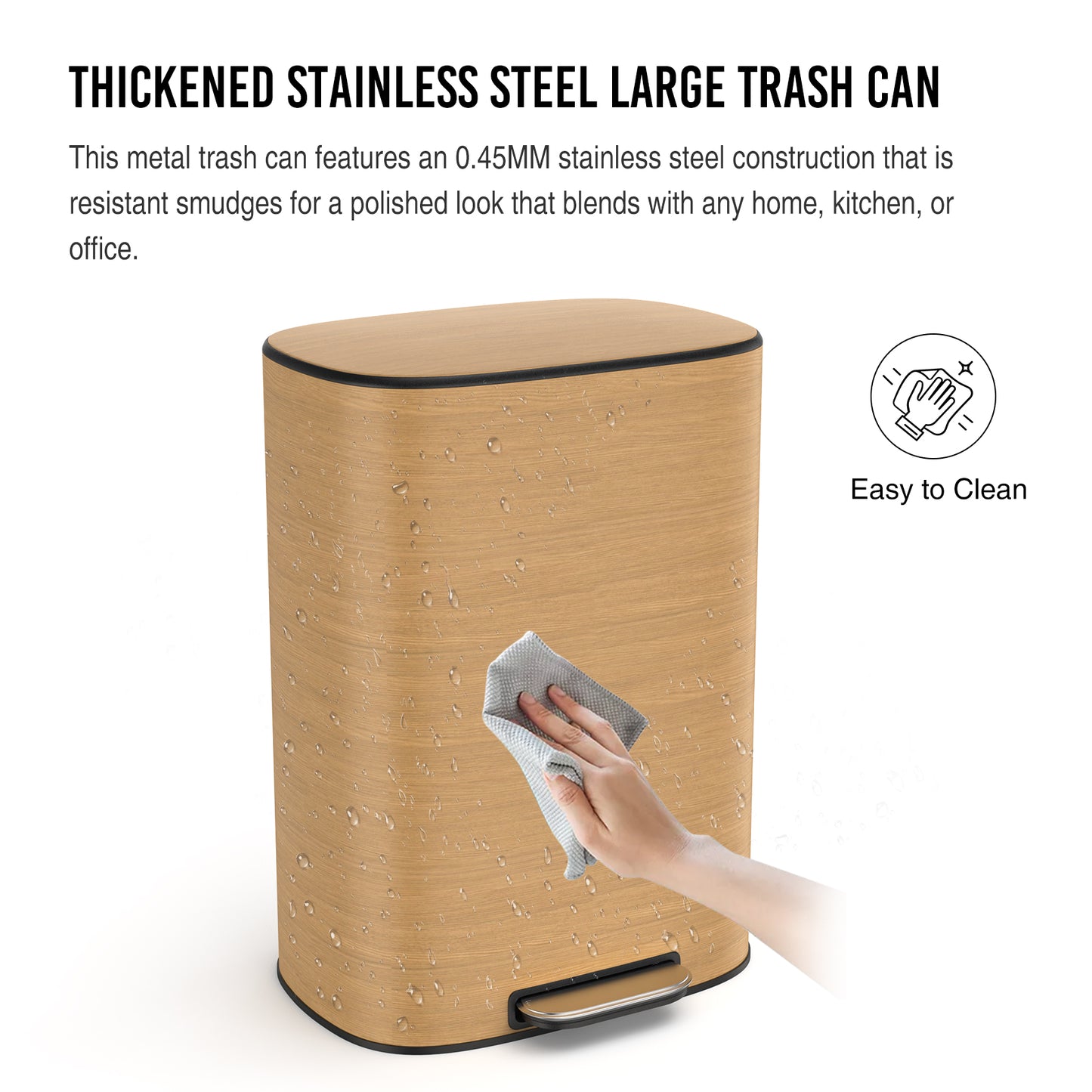 Large stainless steel trash can with woodgrain finish being wiped clean