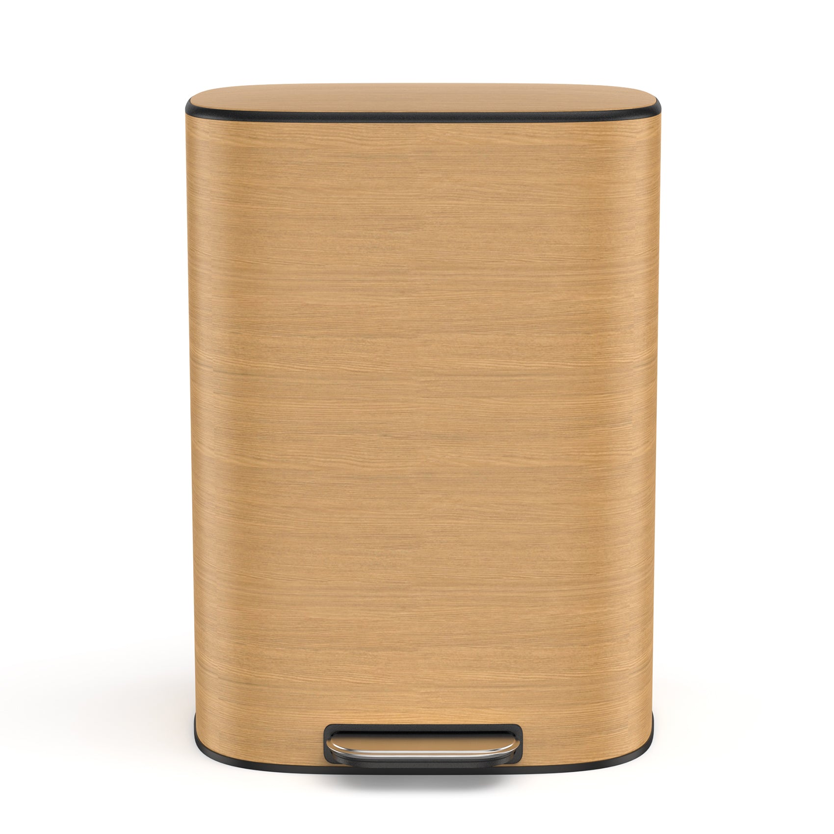 Wooden pedal trash can with a sleek modern design and brushed metal foot pedal