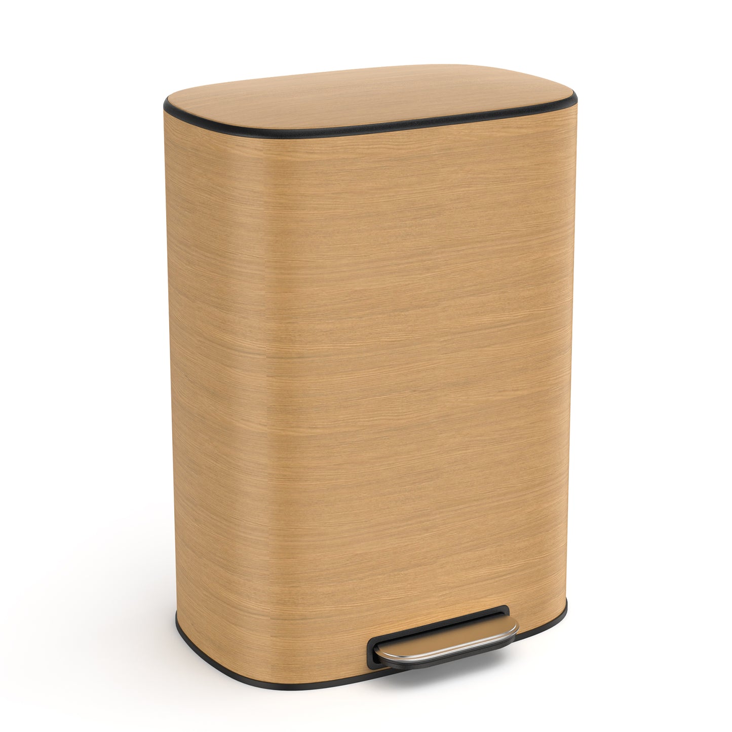 Modern wood grain pedal trash can with brushed metal pedal