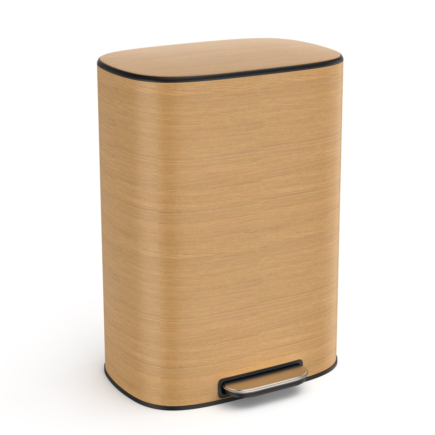 Modern wood grain pedal trash can with brushed metal pedal
