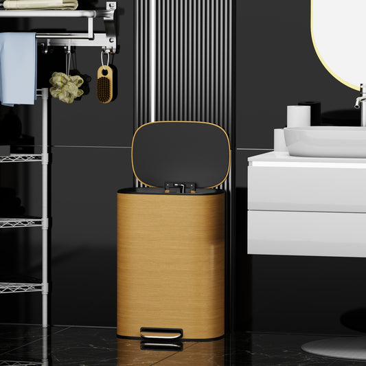 Wooden pedal trash can with black lid in modern bathroom setting