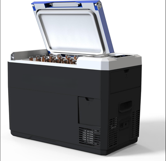 Black and blue portable car refrigerator filled with bottled drinks