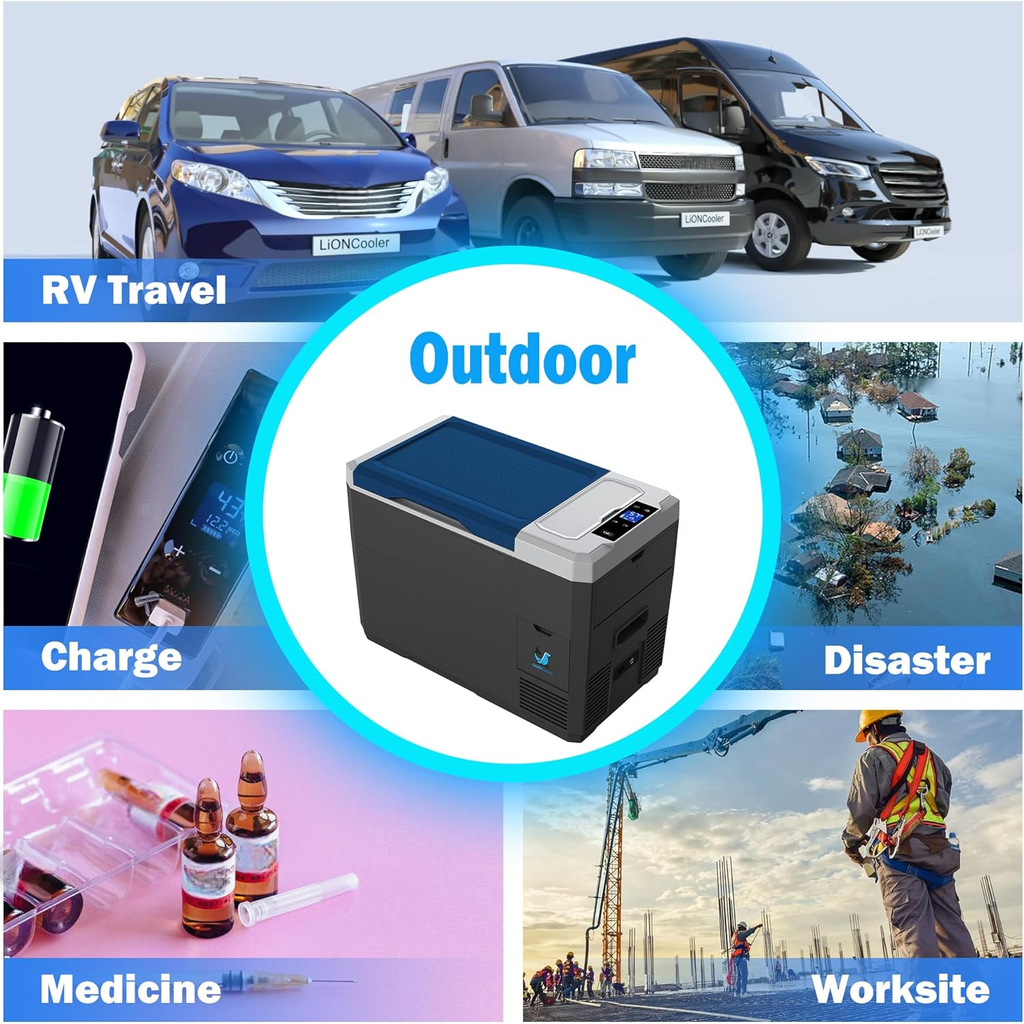Portable electric cooler with blue lid for RV travel adventures
