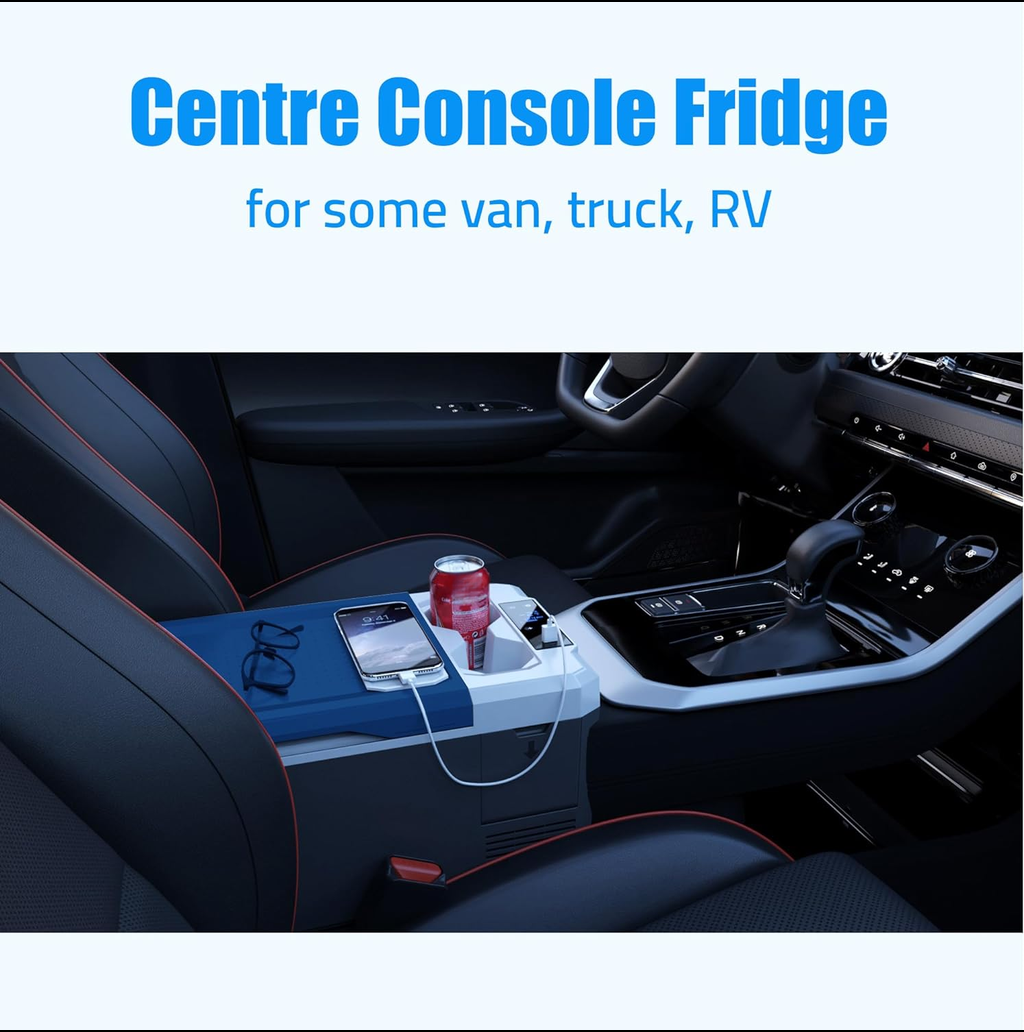 Centre console fridge in a car holding phone glasses and drink