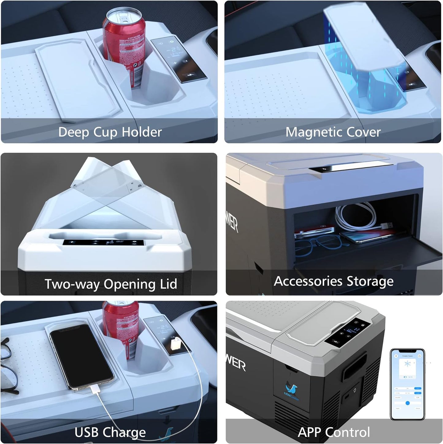 White car console organizer with deep cup holder for drinks