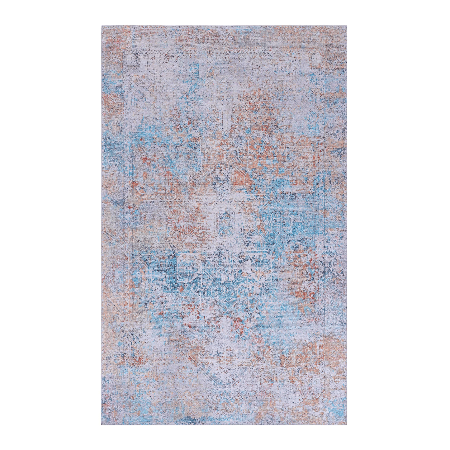Vintage distressed rug with abstract blue and orange floral pattern perfect for living rooms