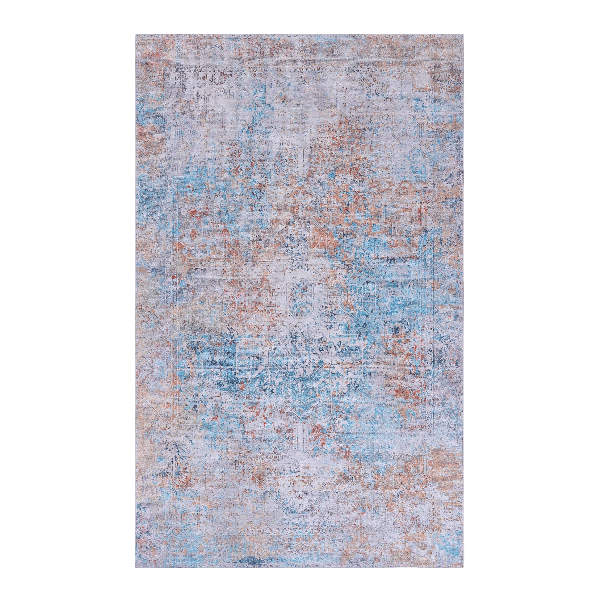 Vintage distressed rug with abstract blue and orange floral pattern perfect for living rooms