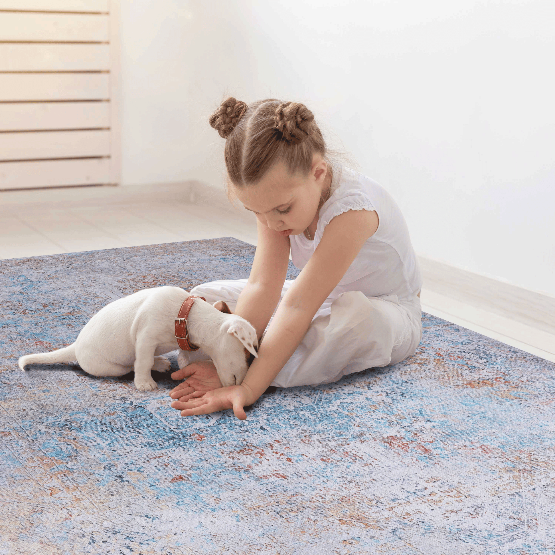 Blue distressed Persian rug with intricate patterns perfect for living room decor