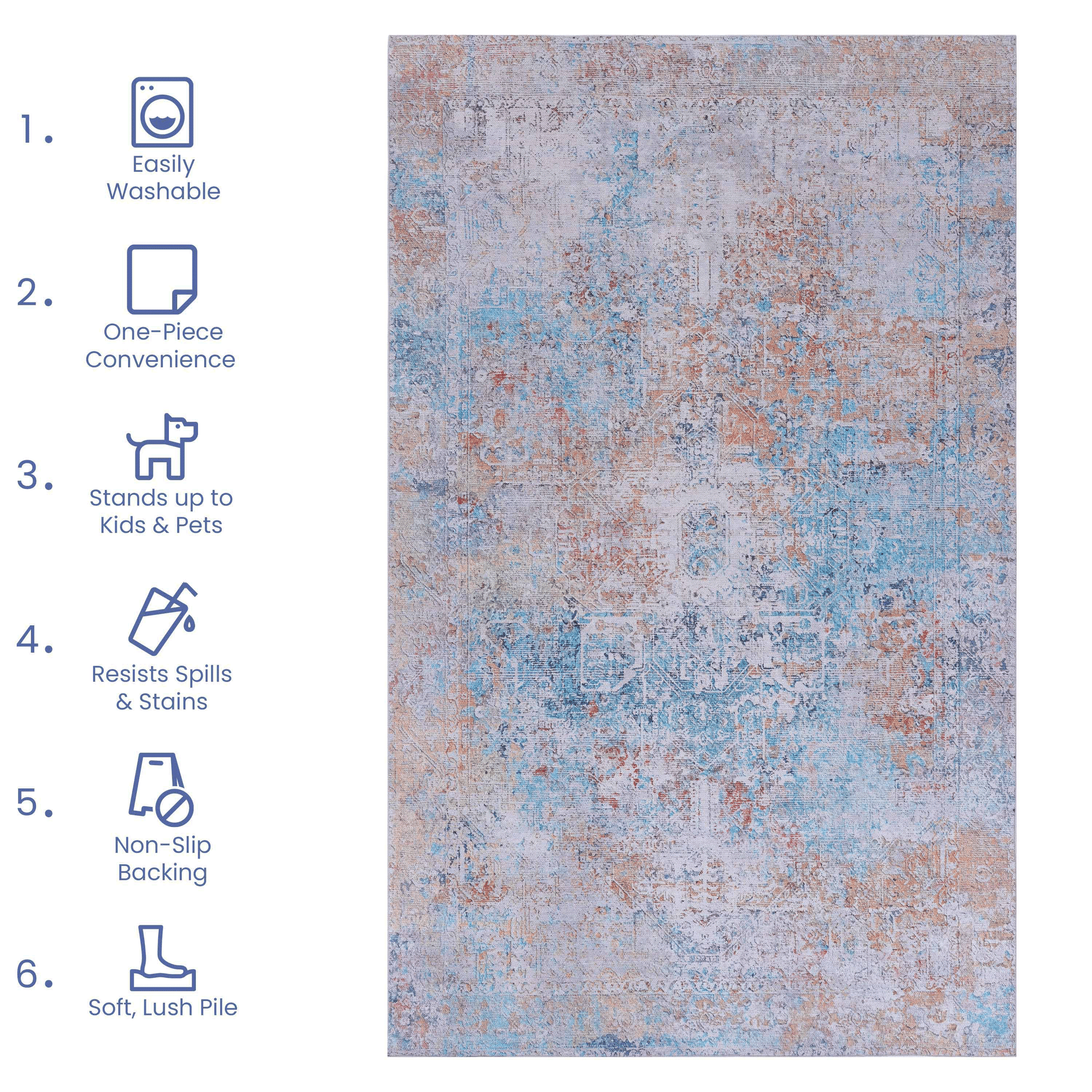Distressed abstract oriental rug with blue orange and white muted colors