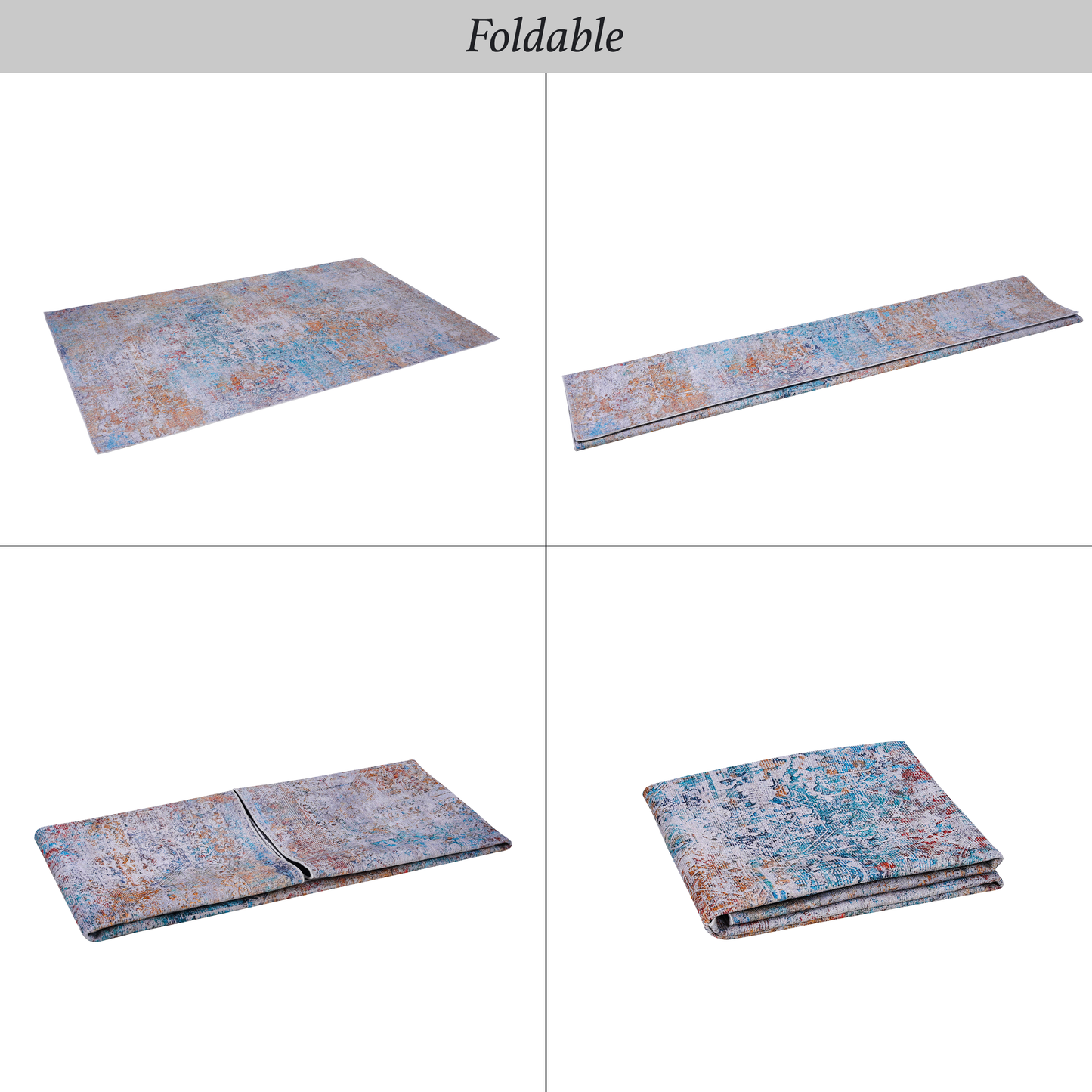 Blue and orange distressed oriental pattern rug laid flat