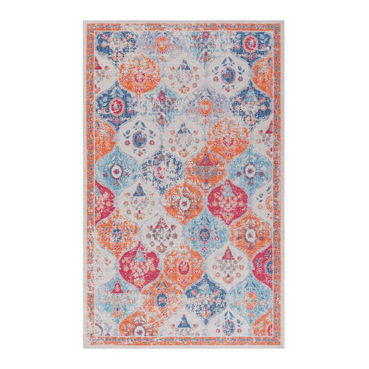 Bohemian style rug with intricate floral patterns in blue orange and pink hues