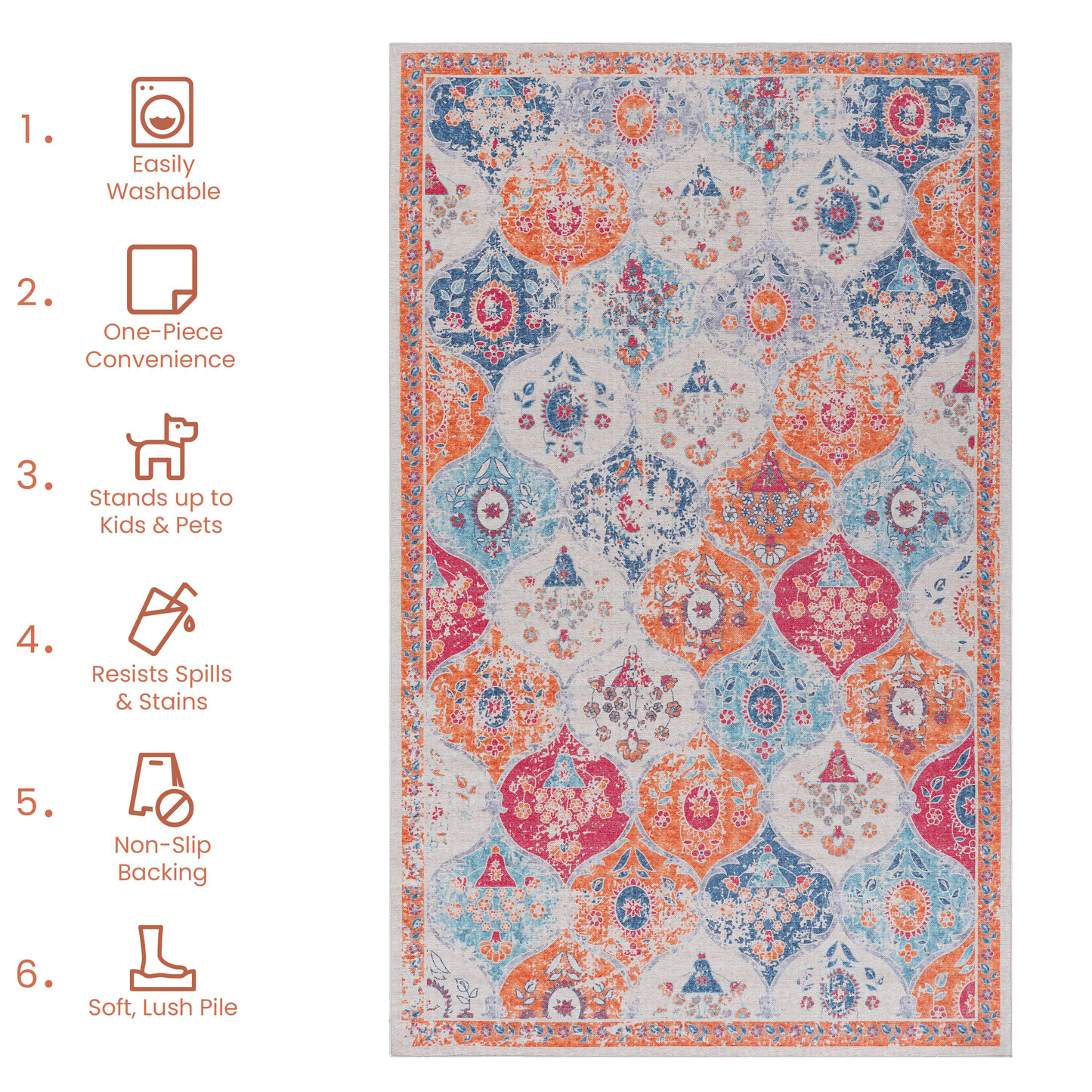 Bohemianstyle area rug with faded floral medallions in coral blue and teal on a light background