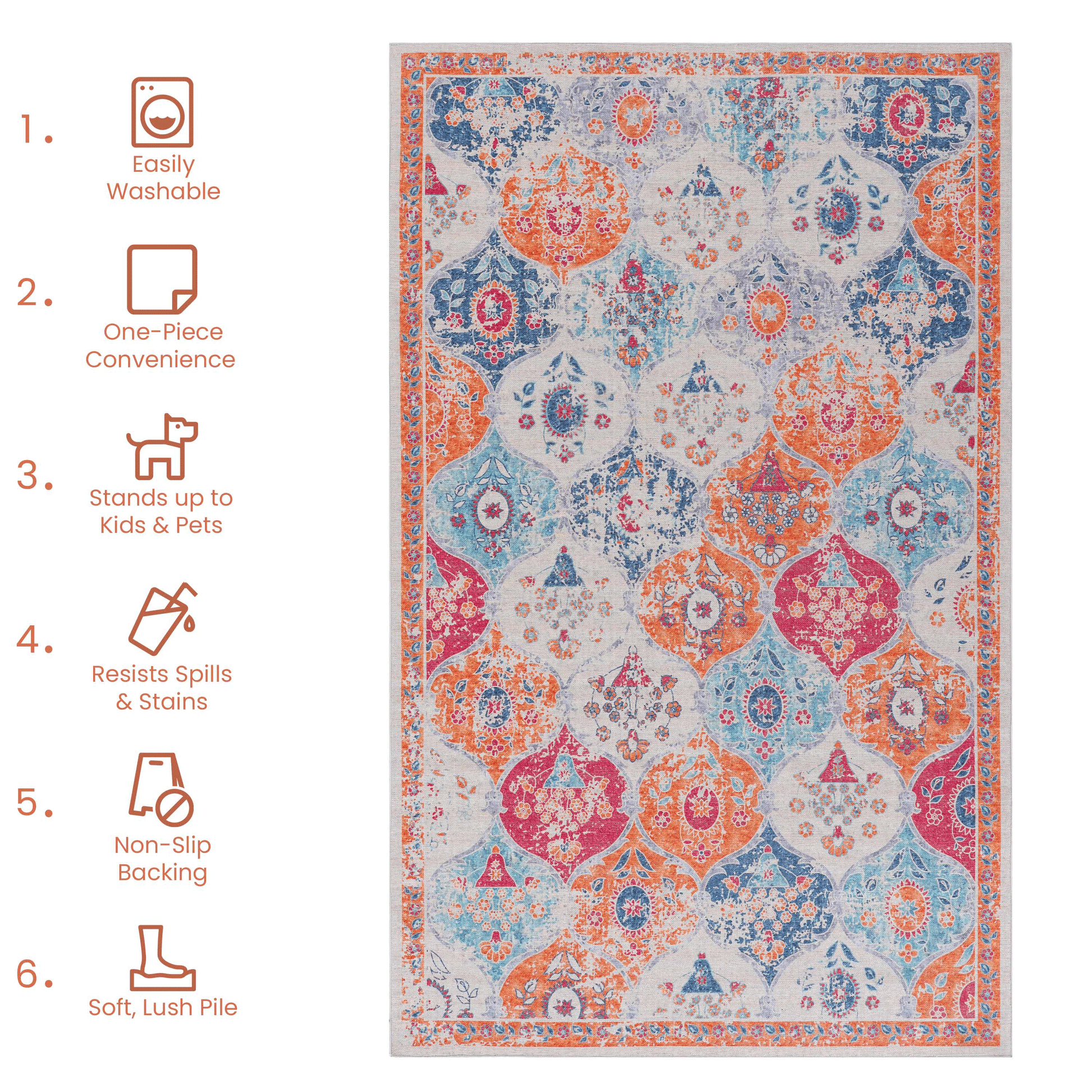 Bohemianstyle area rug with faded floral medallions in coral blue and teal on a light background