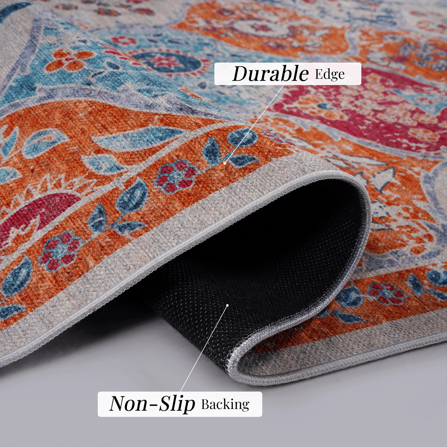Colorful Persian rug detail showing intricate floral patterns in orange blue and red