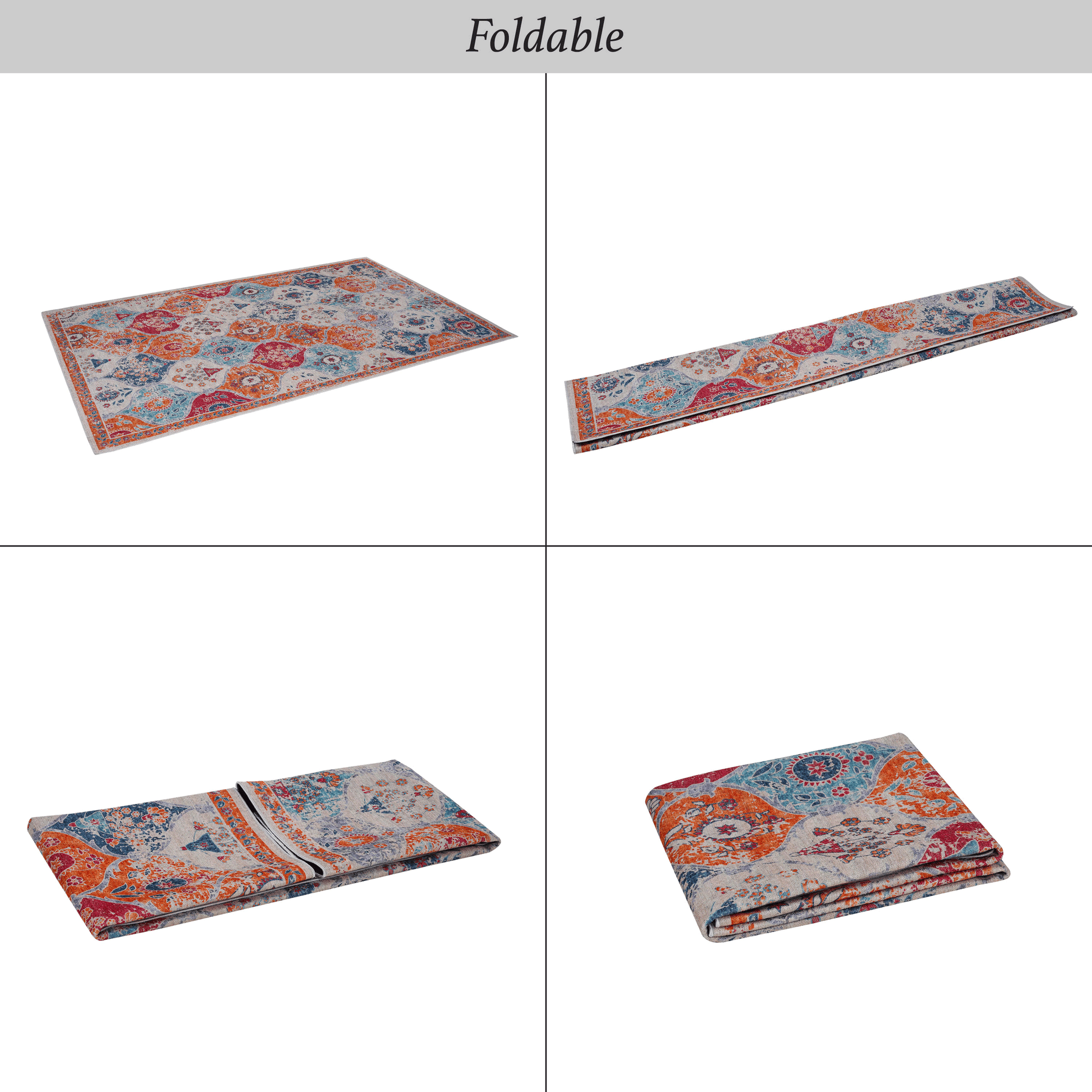 Colorful geometric pattern area rug with folded edges