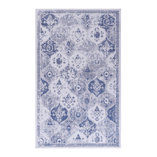 Distressed vintage oriental rug with blue and grey damask pattern machine washable for easy care