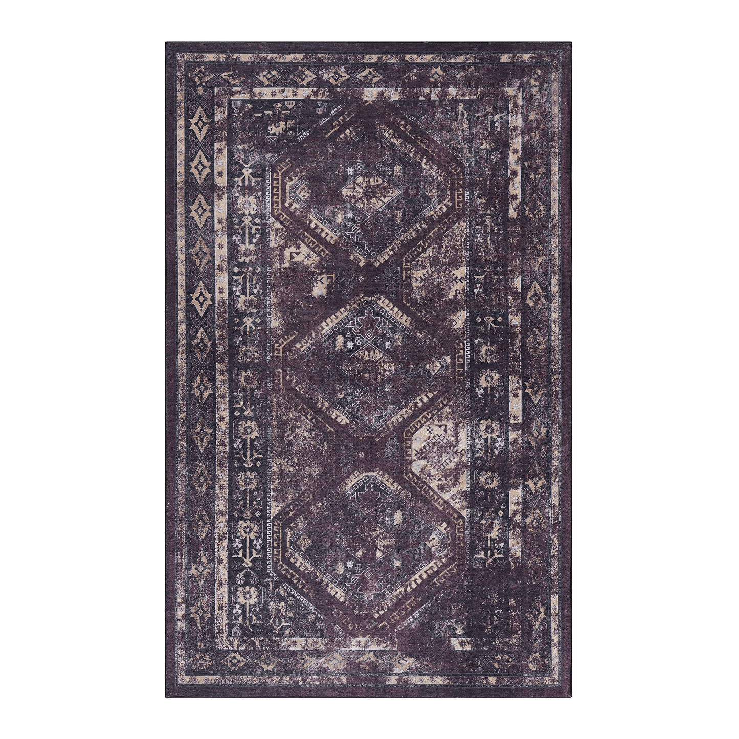 Distressed plum Persian rug with geometric patterns and cream accents for living room