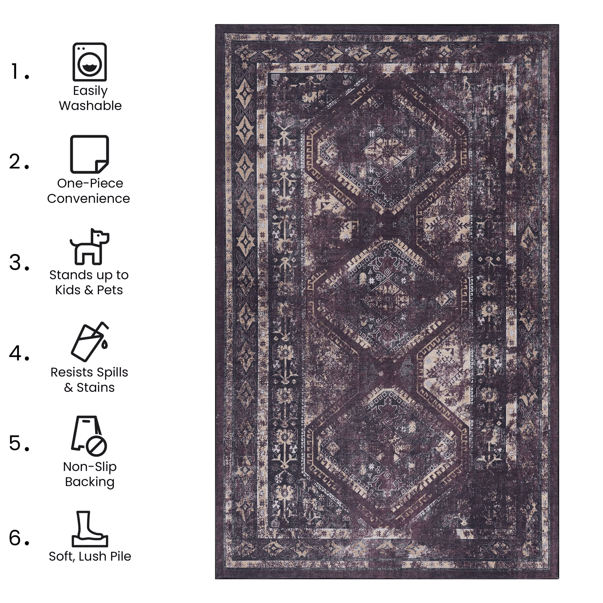 Distressed dark purple area rug with ornate geometric patterns and a plush pile