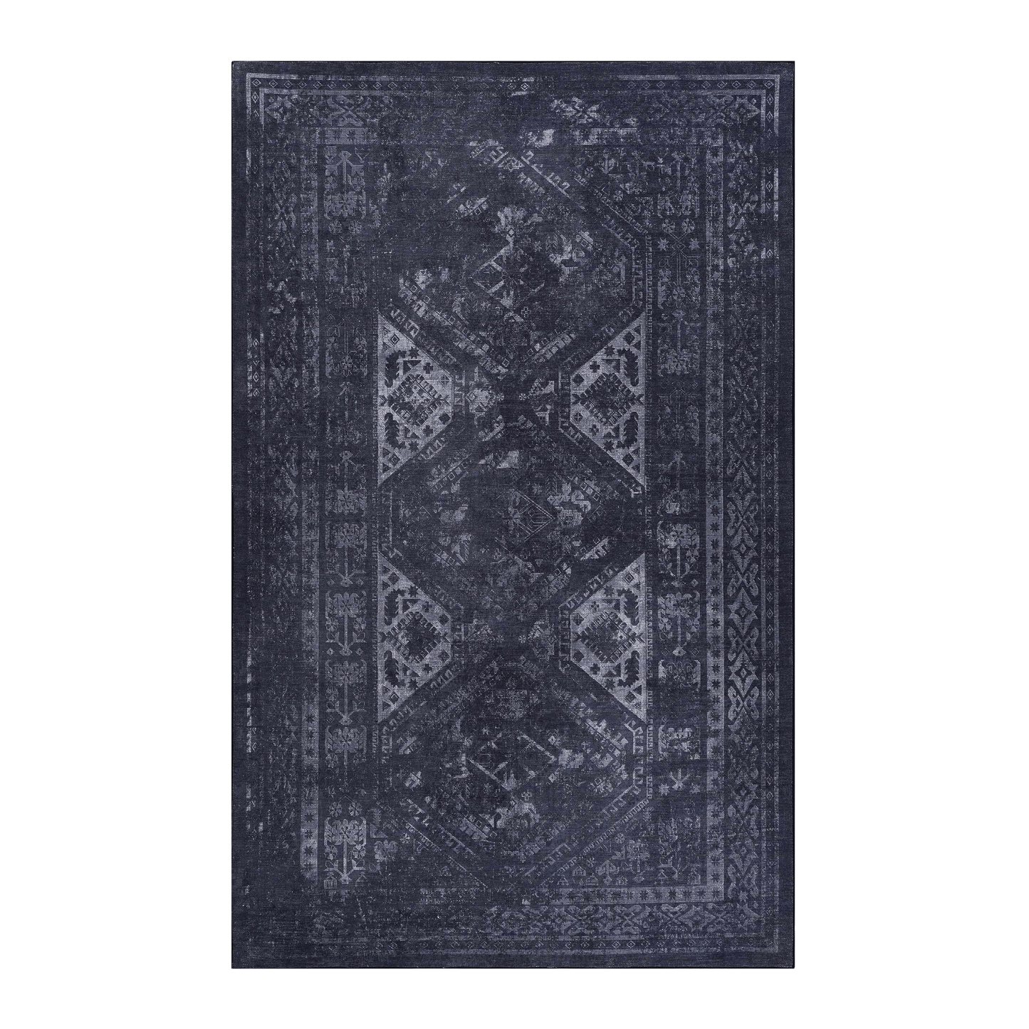 Dark blue vintage oriental rug with ornate geometric patterns and a distressed finish