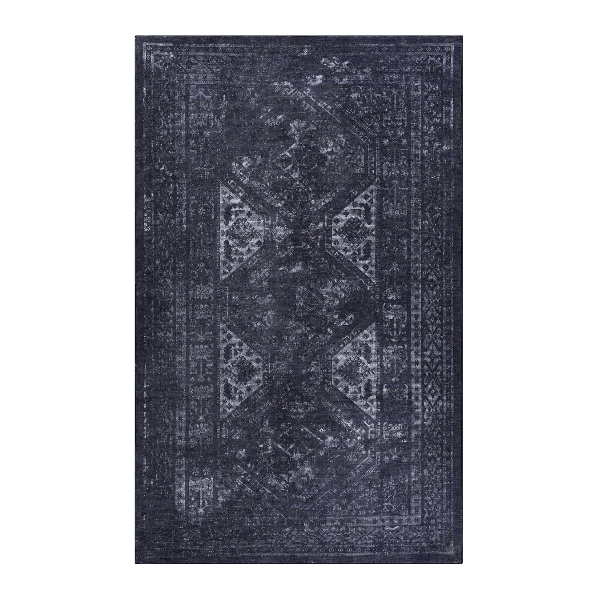 Dark blue vintage oriental rug with ornate geometric patterns and a distressed finish