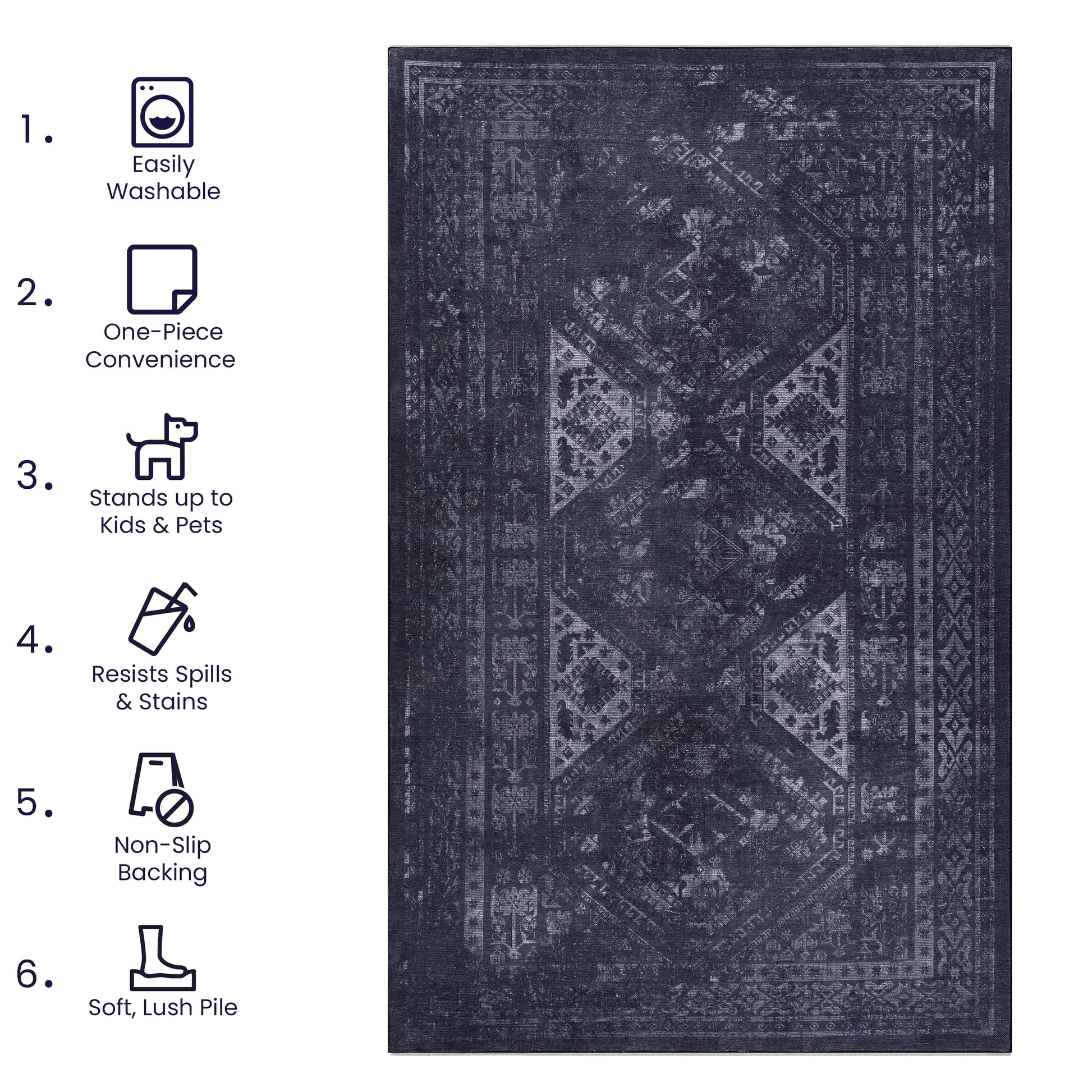 Distressed charcoal grey Persianstyle rug with intricate patterns  characters