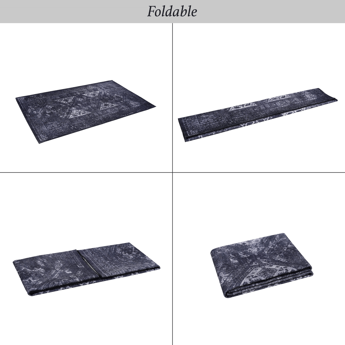 Dark blue distressed area rug with vintage geometric pattern shown unfolded