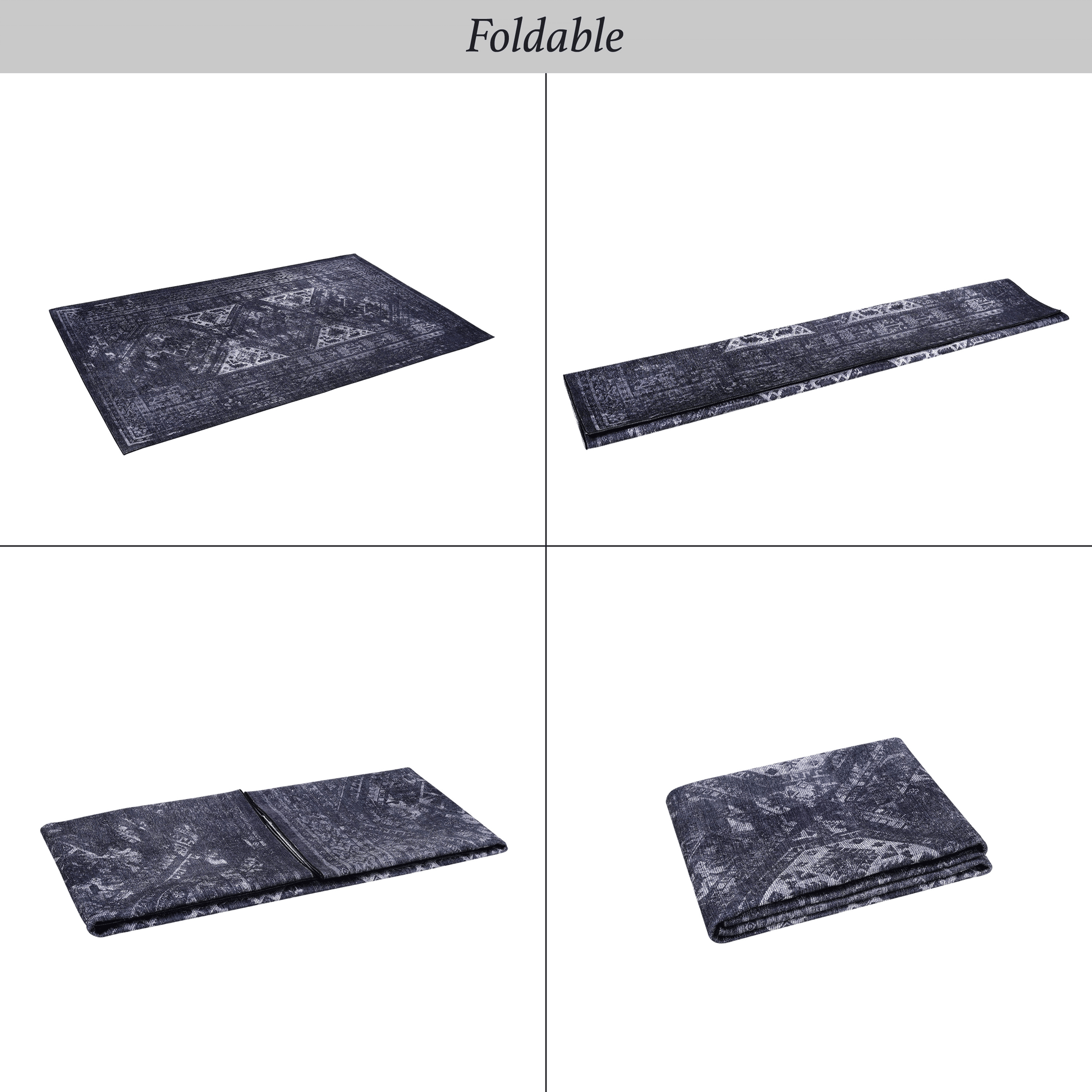 Dark blue distressed area rug with vintage geometric pattern shown unfolded